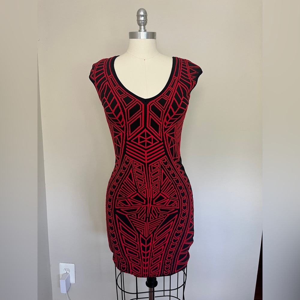 RVN Geometric Red and Black Bodycon Dress